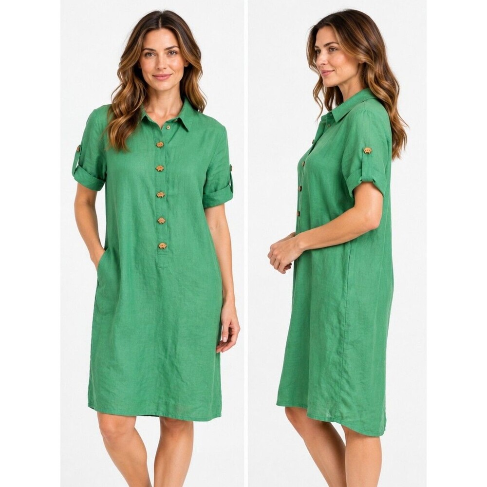 EUC linen animal buttons Coldwater Creek women's adjustable sleeves shirtdress